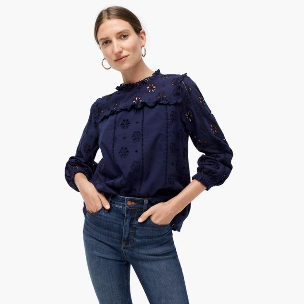 J. Crew | Navy Ruffle Trim Eyelet Top, Size S